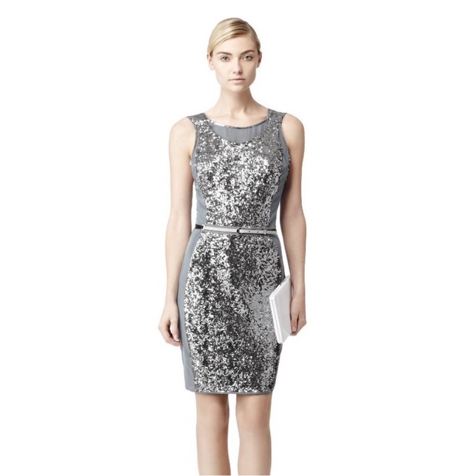 New Reiss Silver Sequined Midi Dress